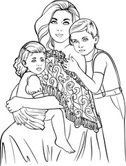 Happy Family. Mother with young children. Hand-drawn black and white sketch depicting a happy mother with children. Black and white line vector drawing. For coloring books and illustrations.