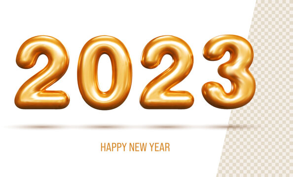Happy New Year 2023. Realistic golden metal number with shadows. Gold 2023 3d illustration Christmas poster, cover card, flyer, template. Vector xmas brochure