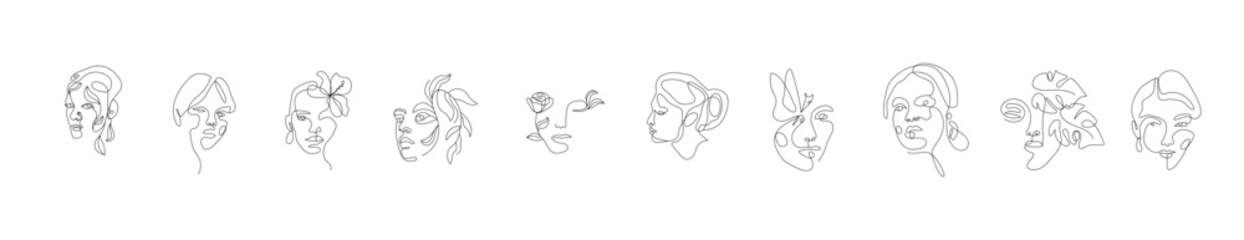 Modern abstract line minimalistic women faces arts set, postcard or brochure cover design. Different woman faces. One line art. Vector illustrations design