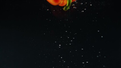 Ripe red pepper falls into the water creating air bubbles on a black background - Powered by Adobe