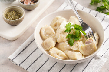 traditional ukrainian east european dish varenyky or chinese wan tan or dim sum - dumplings stuffed with minced meat, fresh cilantro, herbs in white bowl on white lined kitchen towel