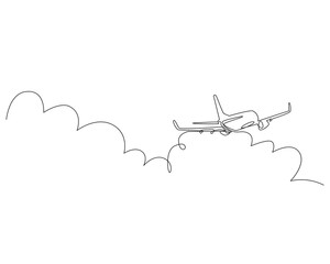 Fototapeta na wymiar commercial plane continuous single line. Plane flying over the cloud one line vector illustration