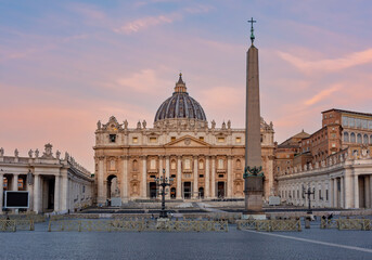 St. Peter's basilica on Saint Peter's square in Vatican at sunrise, center of Rome, Italy