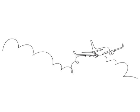 commercial plane continuous single line. Plane flying over the cloud one line vector illustration