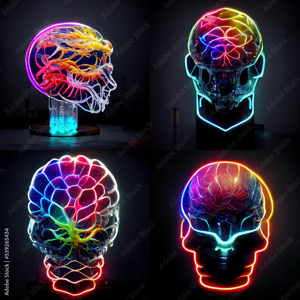 Poster collection of artificial brain circuit, neon light abstract background