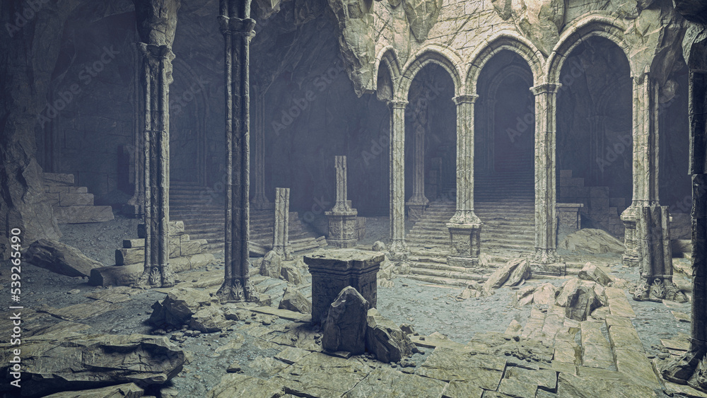 Poster Mysterious ancient underground temple ruin with large stone steps and arches. 3D rendering.