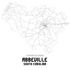 Abbeville South Carolina. US street map with black and white lines.