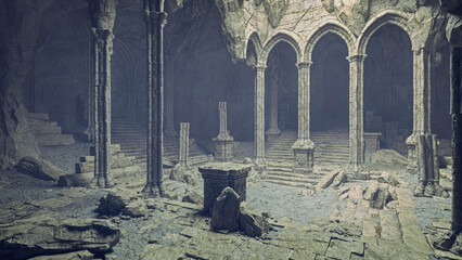 Mysterious ancient underground temple ruin with large stone steps and arches. 3D rendering. - obrazy, fototapety, plakaty