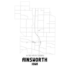 Ainsworth Iowa. US street map with black and white lines.