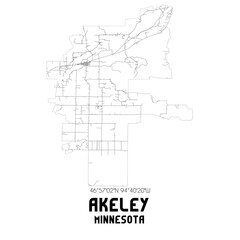 Akeley Minnesota. US street map with black and white lines.