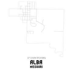 Alba Missouri. US street map with black and white lines.