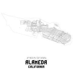 Alameda California. US street map with black and white lines.