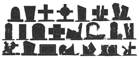 Big set of vector tombstones isolated on white background. Ruined old graves with worn stone texture. Stock graphics to create a cemetery. Elements for Halloween cards and Day of the Dead.