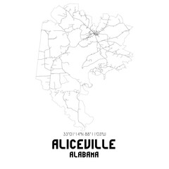 Aliceville Alabama. US street map with black and white lines.