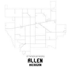 Allen Michigan. US street map with black and white lines.