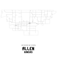 Allen Kansas. US street map with black and white lines.