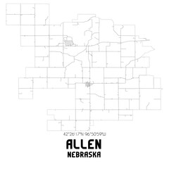Allen Nebraska. US street map with black and white lines.