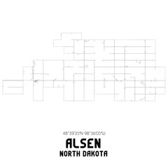 Alsen North Dakota. US street map with black and white lines.