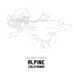 Alpine California. US street map with black and white lines.