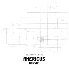 Americus Kansas. US street map with black and white lines.