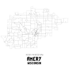 Amery Wisconsin. US street map with black and white lines.