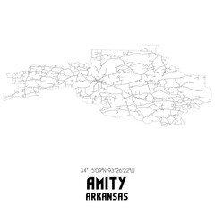 Amity Arkansas. US street map with black and white lines.