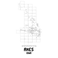 Ames Iowa. US street map with black and white lines.