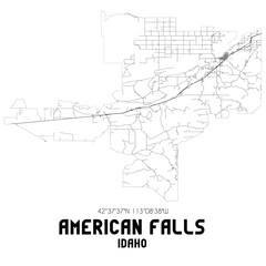American Falls Idaho. US street map with black and white lines.