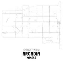 Arcadia Kansas. US street map with black and white lines.