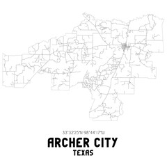 Archer City Texas. US street map with black and white lines.