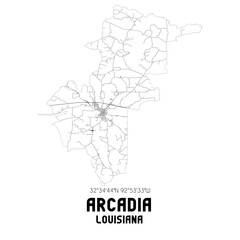 Arcadia Louisiana. US street map with black and white lines.