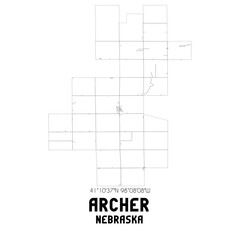Archer Nebraska. US street map with black and white lines.