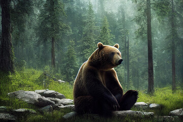 Ein gro&szlig;er Braunb&auml;r sitzt alleine im Wald