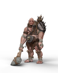 3D rendering of a fantasy ogre character standing wearing armour and holding a large club isolated on a transparent background.