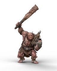 3D rendering of a large aggressive ogre in a battle pose with a huge club weapon iisolated on a transparent background.