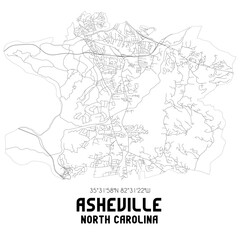 Fototapeta na wymiar Asheville North Carolina. US street map with black and white lines.