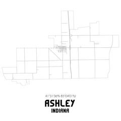 Ashley Indiana. US street map with black and white lines.