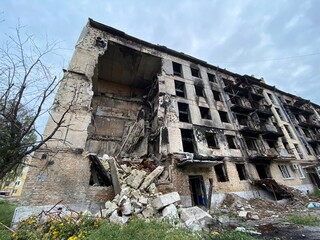 Destroyed and damaged residential buildings in Hostomel after Russia's invasion of Ukraine