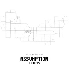 Assumption Illinois. US street map with black and white lines.