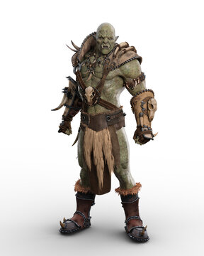 Savage mythical Orc brute standing with aggressive pose and expression in barbarian armour. 3D rendering isolated on transparent background.