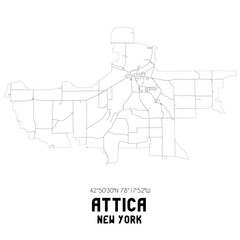 Attica New York. US street map with black and white lines.