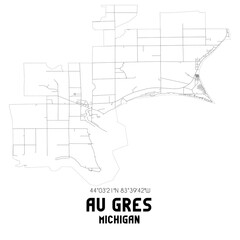 Au Gres Michigan. US street map with black and white lines.