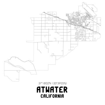 Atwater California. US street map with black and white lines.