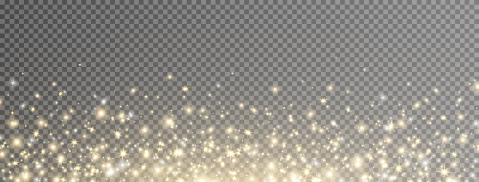 Glitter golden stars and light frame. Sparkle gold bokeh. Twinkle fairy bulb. Shine luxury background. Christmas Holiday glow particle. Magic star effect. Festive party design. Vector illustration