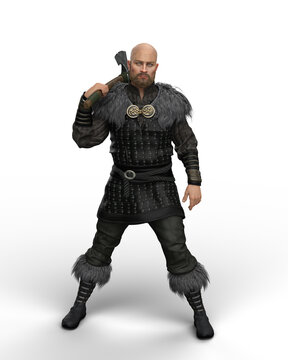 3D rendering of a Viking warrior man standing with axe resting on his shoulder isolated on a transparent background.