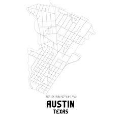 Austin Texas. US street map with black and white lines.