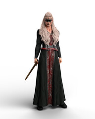 3D rendering of a tall strong viking woman with long blonde hair standing in a dress with a sword in her hand isolated on a transparent background.