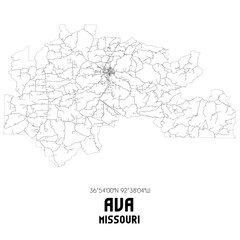Ava Missouri. US street map with black and white lines.