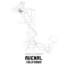 Avenal California. US street map with black and white lines.
