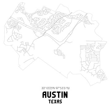 Austin Texas. US street map with black and white lines.